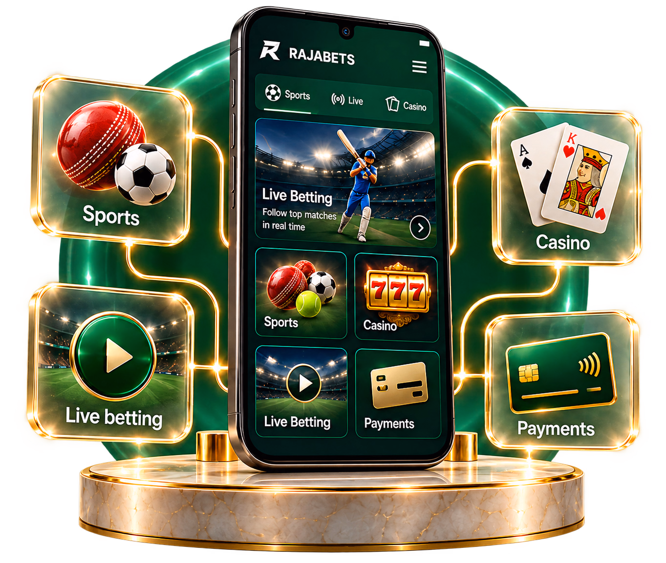 Rajabets App mobile interface showing sports, live betting, casino, and payment modules